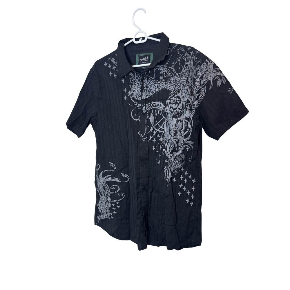 O'Neill Shirt Mens XL Black Skull Tattoo Graphic Short Sleeve Button Up Surf